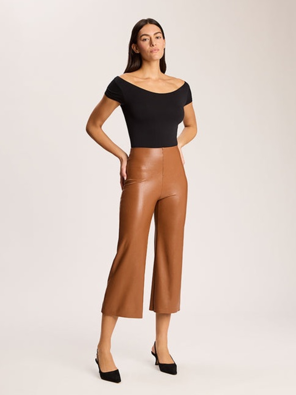 Commando Faux Leather High Rise Cropped Leg Pants - Cognac - Size Large